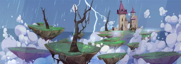 Vector illustration of Cartoon rain game background with fantasy castle