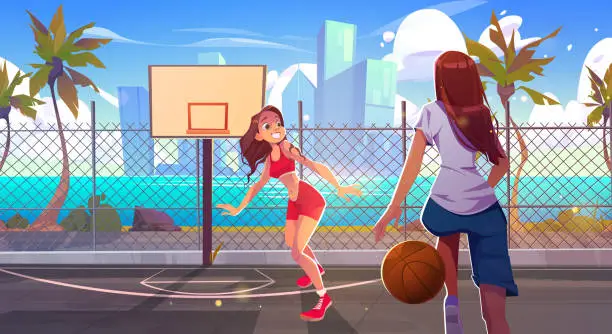 Vector illustration of Girl play basketball on street court beach and sea