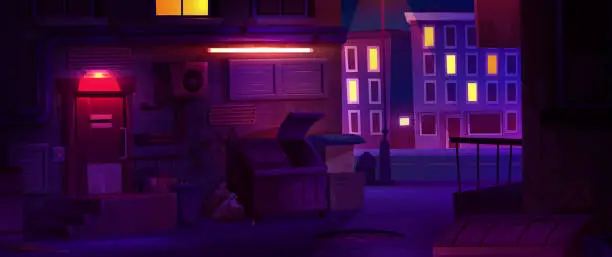 Vector illustration of Night city backstreet with dim illumination