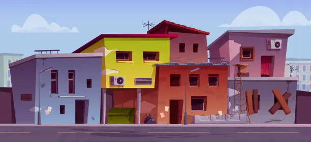 Vector illustration of Poor abandoned houses in ghetto district