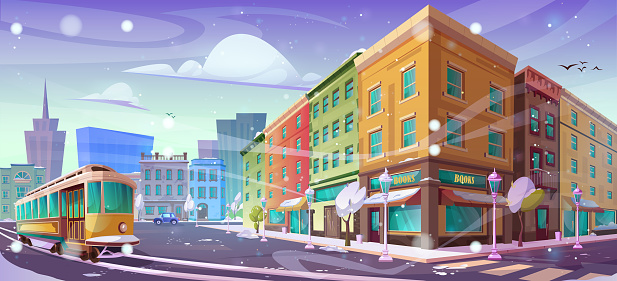 Winter city street with retro tram. Vector cartoon illustration of snowy weather in old European downtown, bookstore on corner, vintage lanterns and trees on pavement, modern architecture on horizon