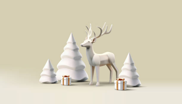 istock Christmas winter festive 3d composition. Reindeer with Christmas tree and gift box, white render statuettes, realistic trendy postcard illustration 1720102567
