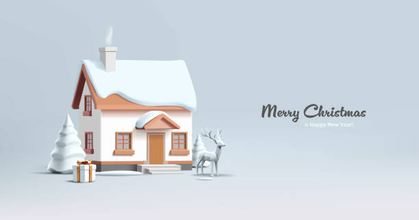 istock Christmas winter festive 3d composition. Ginger cookie house with Reindeer and white Christmas tree and gift bow, white render statuettes, realistic trendy postcard illustration 1720103973
