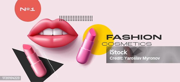 istock Lipstick promo poster with 3d illustration of female lips and lipstick tubes on graphic geometric backdrop, modern ard fashion banner 1720104223