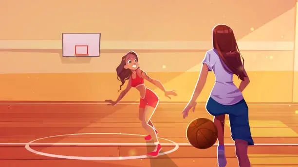 Vector illustration of Girl play on school basketball court hall cartoon