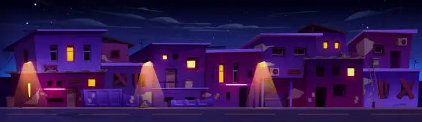 Vector illustration of Night ghetto street district and poor house vector