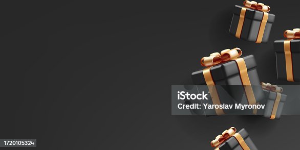 istock Black 3d gift boxes with golden ribbon and bow in dynamic falling composition 1720105324