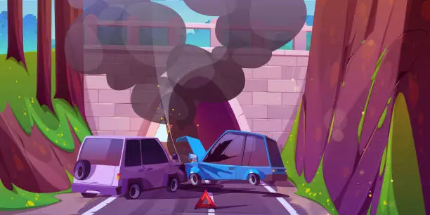 Vector illustration of Car crash on highway to tunnel cartoon vector