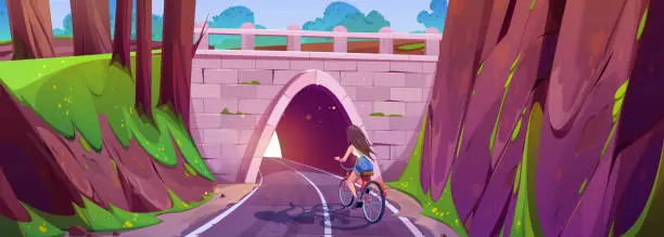 Vector illustration of Girl ride bicycle on tunnel entrance road cartoon