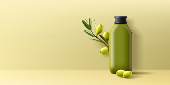 3d Vector Olive Oil Bottle with Olives Branch and with Leaves and green olives, realistic graphics, advertising poster template