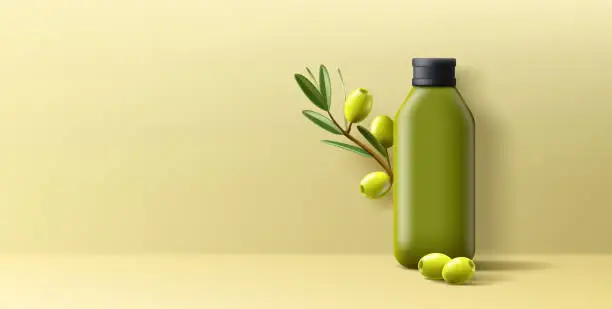 Vector illustration of 3d Vector Olive Oil Bottle with Olives Branch Leaves and green olives, advertising poster template