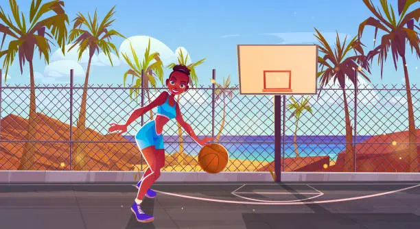 Vector illustration of Girl play basketball on street court beach and sea