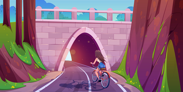 Girl ride bicycle on tunnel entrance road cartoon. Mountain freeway speed traffic illustration. Female character cycle on underground route pathway perspective view. Brick bridge on hill with arch