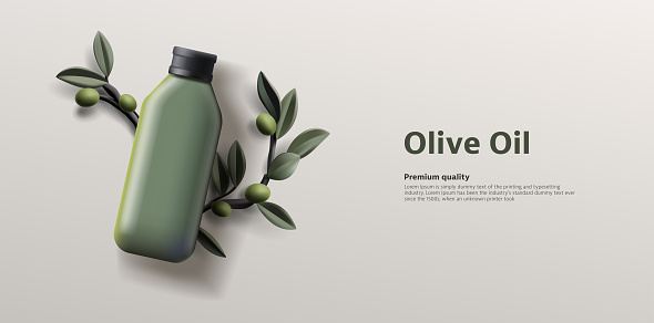 3d Vector Olive Oil Bottle with Olives Branch with Leaves and green olives, top view illustration, advertising poster template banner