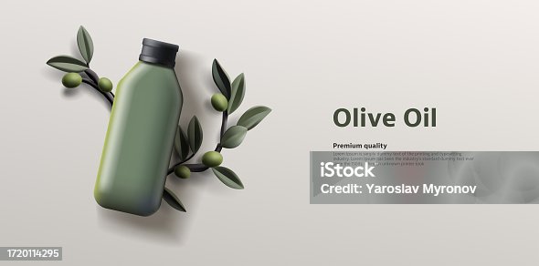 istock 3d Vector Olive Oil Bottle with Olives Branch with Leaves and green olives, top view illustration, advertising poster template 1720114295