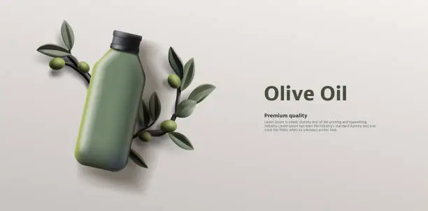 Vector illustration of 3d Vector Olive Oil Bottle with Olives Branch with Leaves and green olives, top view illustration, advertising poster template