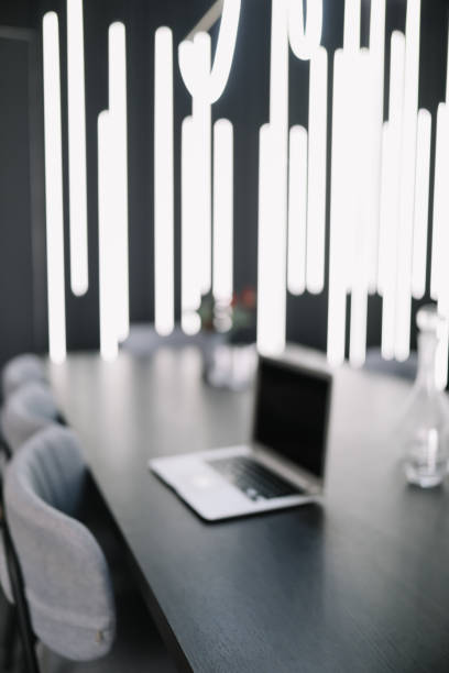 istock workplace with laptop. Interior design. Laptop with blank screen on table in the desk office 1720124111