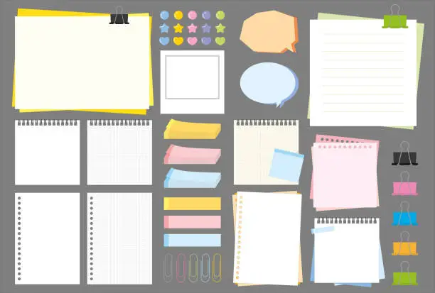 Vector illustration of Note paper with pin, binder clip, push pin, adhesive tape and tack. Blank sheet, sticky note, piece of paper and notebook page. Templates for a note message