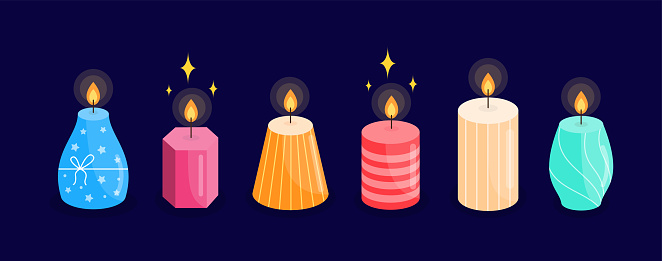 Burning Lighted Aroma Candles Cartoon Style. Comfort Theme, Home Design, Aromatherapy and Romance Design Elements. Vector Colorful Drawn Candles Collection.