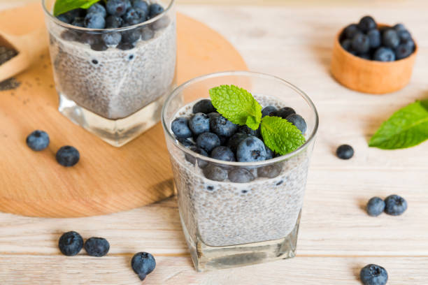 istock Healthy breakfast or morning with chia seeds vanilla pudding and blueberry berries on table background, vegetarian food, diet and health concept. Chia pudding with coconut milk and blueberry 1720144666
