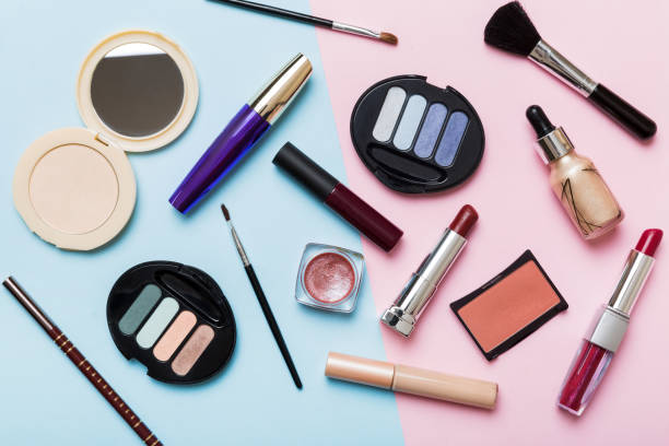istock Professional makeup tools. Top view. Flat lay. Beauty, decorative cosmetics. Makeup brushes set and color eyeshadow palette on table background. Minimalistic style 1720147001
