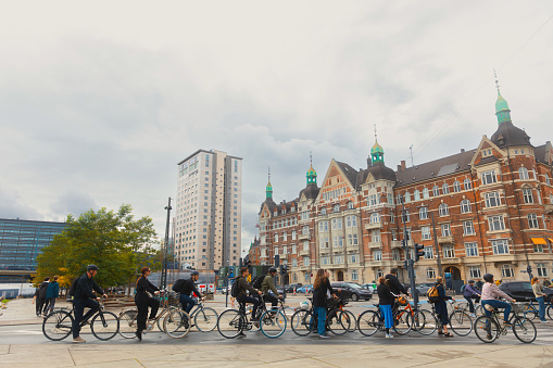 Crowd of people commuter using bicycle in Copenhagen