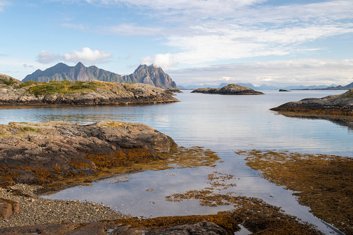Rocky outlets at Svolvaer, Lofoten Islands, Norway on a summer's day