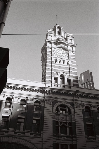Flinders Street Station clock tower. Photo taken on black and white film.