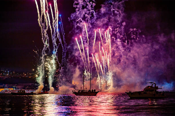 Fireworks from 1st Galaxy Fireworks over the water as part of the 2025 British Firework Championships viewed from Queen Anne's Battery, Plymouth.