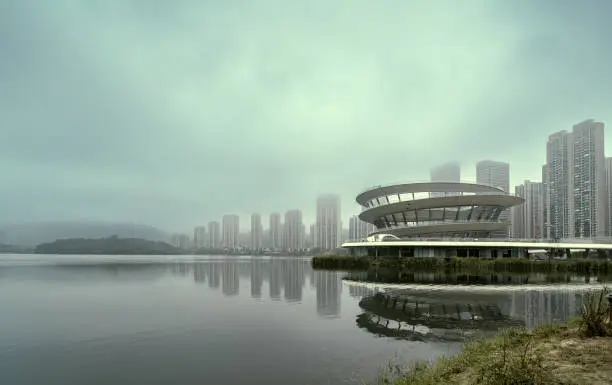 High-rise buildings and spiral observation deck at Meixi Lake, Changsha, Hunan, China.