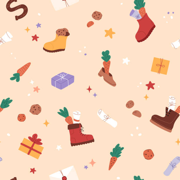 stockillustraties, clipart, cartoons en iconen met sinterklaas seamless pattern with cookies and carrots in shoes, gift boxes, drawing in boot, decorative stars and chocolate letter. - oliebol