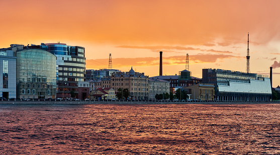 St. Petersburg cityscape at sunset romantic golden sky, Russia.