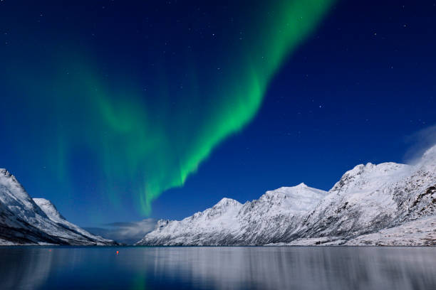 Green Aurora Borealis at Jokulsarlon Bay, Tromso, Norway Green aurora borealis at Jokulsarlon bay in midnight sky, Tromso, Norway. finnmark stock pictures, royalty-free photos & images