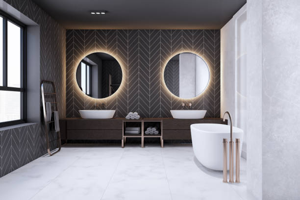 istock Modern bathroom interior with round mirrors and washbasin. 3D Rendering. 1720196028