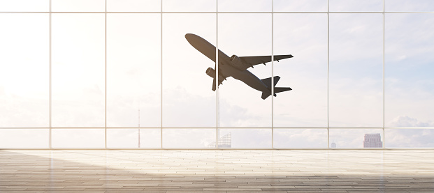 Spacious airport interior with flying airplane seen through panoramic window with city view and daylight. Take off, travel and transportation concept. 3D Rendering