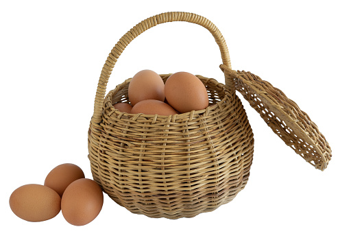Wicker basket full of eggs. Png file. Craft and farm products.