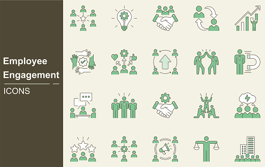 Employee engagement icon set. concept with icon of workload, recognition, clarity, autonomy, stress, relationship, growth, fairness,  upskilling, personal growth, development, Business management