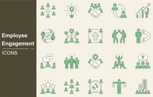 Employee engagement icon set. concept with icon of workload, recognition, clarity, autonomy, stress, relationship, growth, fairness,  upskilling, personal growth, development, Business management vector art illustration