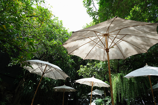 White cotton garden umbrella made of bamboo wood at a cafe natural style.