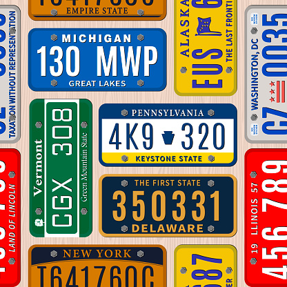 Seamless background by car numbers of vehicle registration in USA states. Metal sign boards automobile plates with digits and letters. Vector illustration