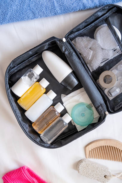 istock Travel cosmetics kit on bed , top view 1720232341