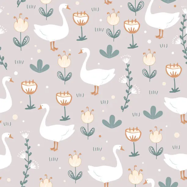 Vector illustration of Cute seamless pattern with goose and doodle meadow flowers. Vector illustration.