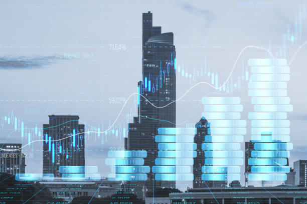 istock Creative forex chart hologram with growing stacked coins on blurry city backdrop. Financial growth, trade and market concept. Double exposure. 1720241530