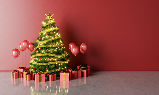 Interior scene with a Christmas tree decorated with lights and garlands and gifts with balloons on the marble floor. space for text. 3d rendering