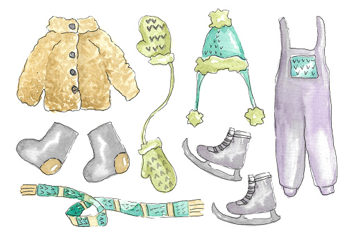 A set of children's clothing for winter walks. A hat with a pompom and a striped scarf, mittens, a short fur coat, boots with patches, skates and overalls. Hand drawn watercolor illustration