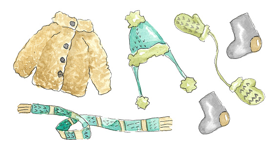 A set of children's winter clothes in pastel colors. A hat with a pompom and a striped scarf, mittens on a rope, a short fur coat with buttons, boots with patches. Hand drawn watercolor illustration