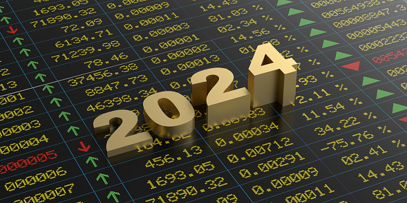 Golden 2024 calendar digits on coloured trading board background, copy space. Representing financial markets and economy as we shift into the New Year. A 3D marketing template illustration design for advertising investment opportunities.