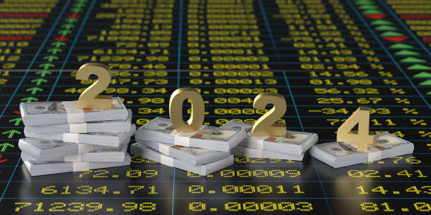 istock Falling golden 2024 digits on US Dollar money stacks 1720247749