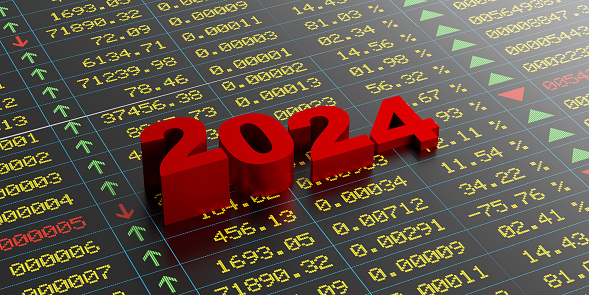 Red 2024 calendar digits on coloured trading board background, copy space. Representing financial markets and economy as we shift into the New Year. A 3D marketing template illustration design for advertising investment opportunities.