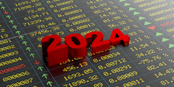 vermelho 2024 dígitos plano, visão de alto ângulo - stock market stock ticker board stock market data finance - fotografias e filmes do acervo